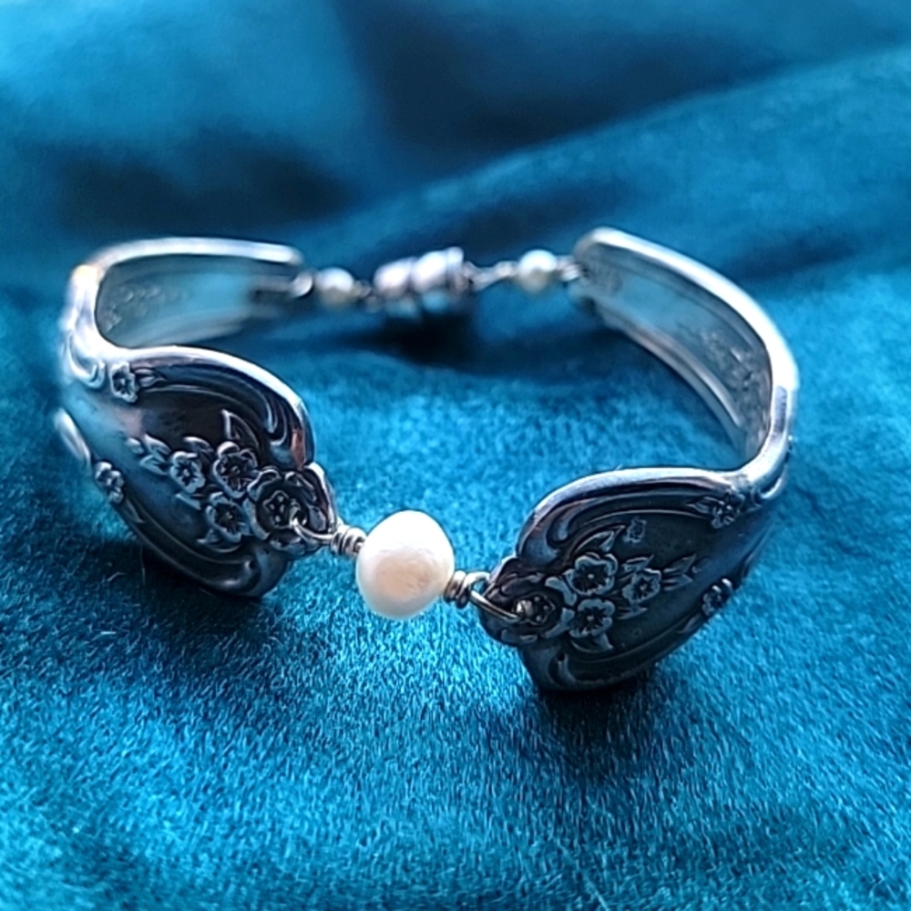 Vintage Silverware Spoon Bracelet With Pearls And Magnetic Closure